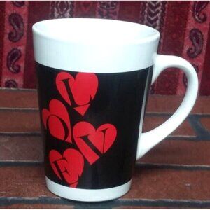 LOVE Coffee Mug Tall Valentine’s Day Gift black white red hearts ceramic EUC